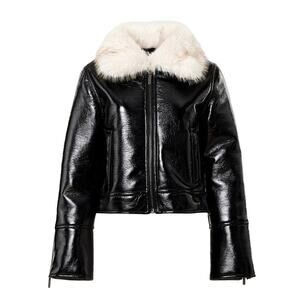 Unreal Fur Black Vegan Patent Leather Faux Fur Collar Aviator Jacket Size M